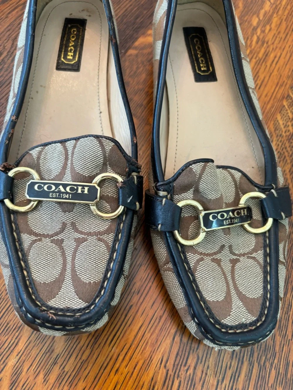Coach Brown Signature Monogram Canvas Loafers with Gold Hardware
